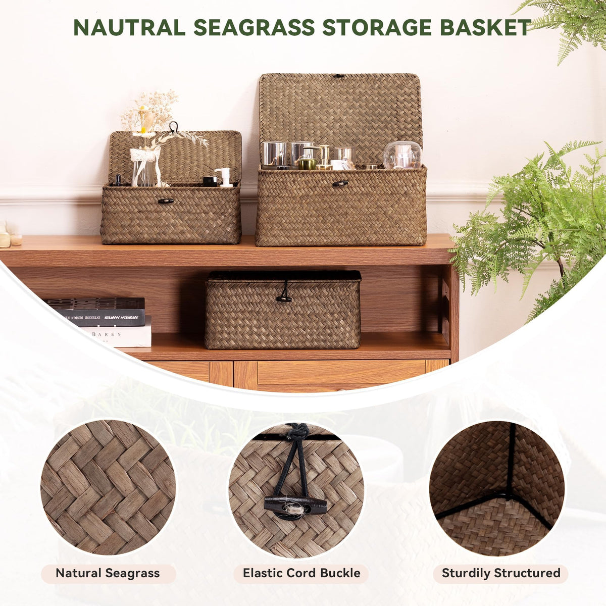 Nonam seagrass storage baskets on a shelf as decor.