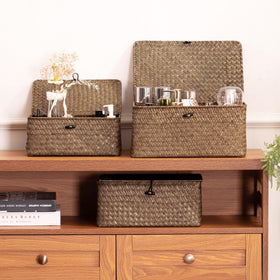 Nonam seagrass storage baskets stackable lids for space saving.