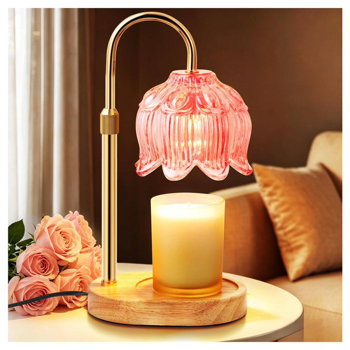 NONVJJ Flower Candle Warmer Lamp pink glow on nightstand for cozy ambience