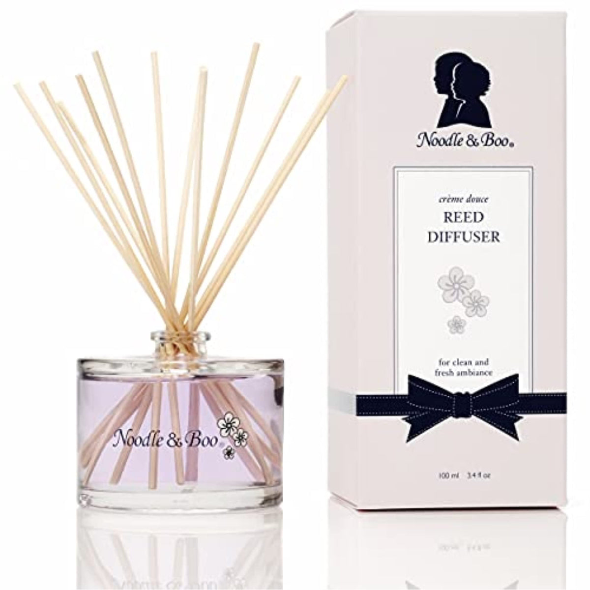 Noodle & Boo reed diffuser bottle releasing a soft, calming fragrance in any room.