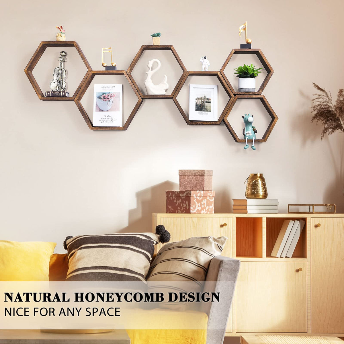 NORCEESAN NOVIMANGO honeycomb wall shelves displaying photos with a modern rustic vibe.