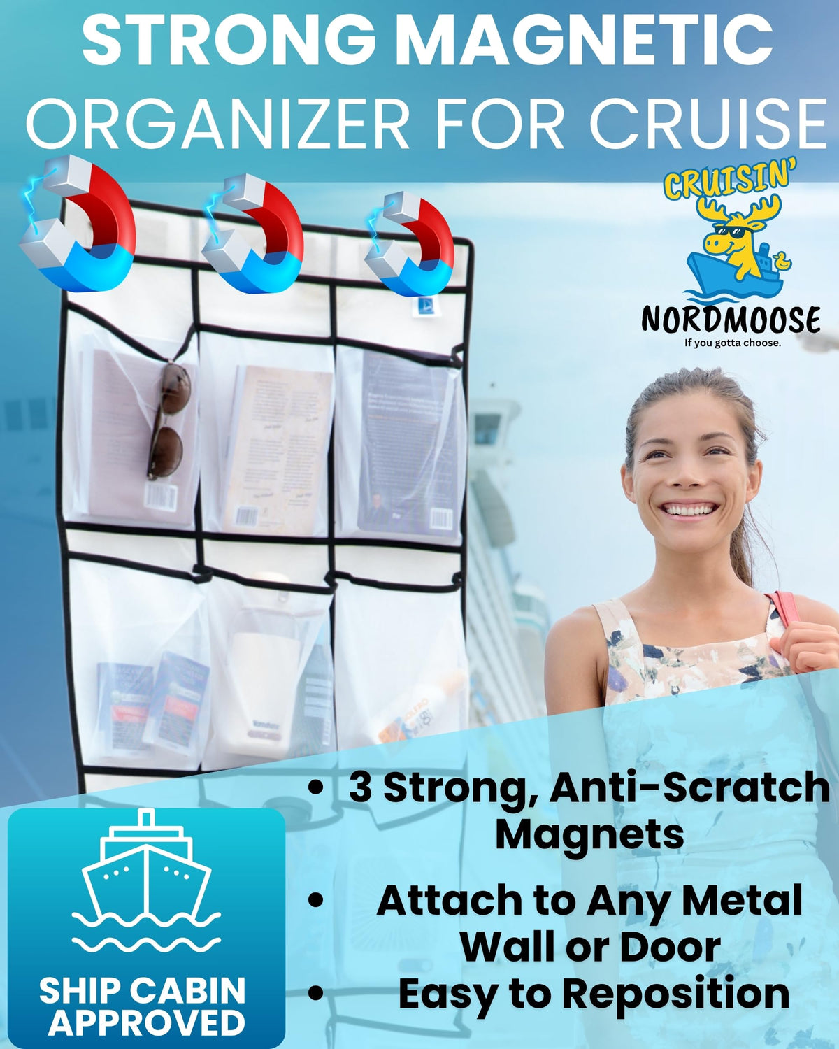 Nordmoose 15-pocket mesh storage for toiletries, shoes, and baby items on board.