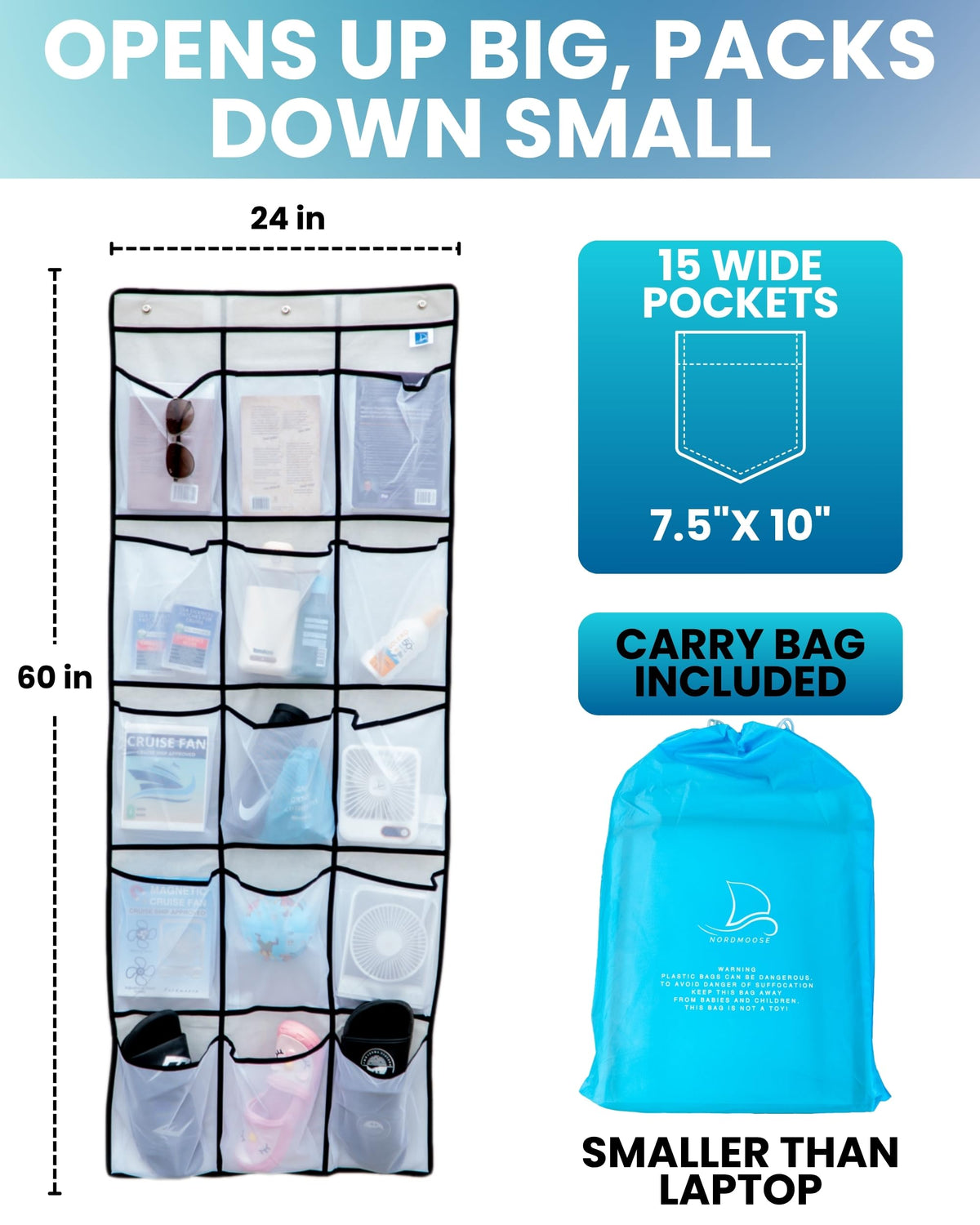 Spacious 7.5 by 10 inch pockets hold toiletries, sunscreen, and towels.