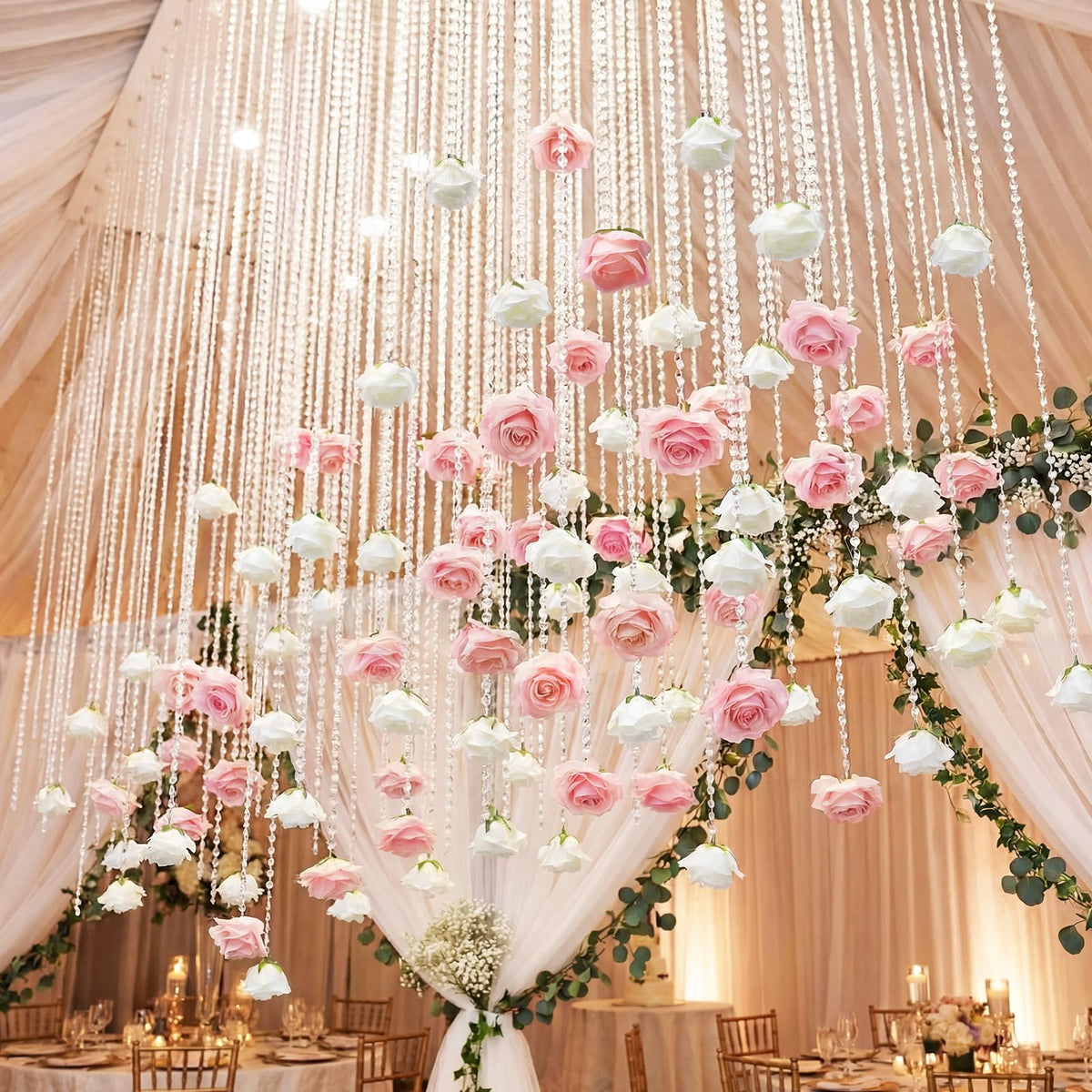 Norme rose crystal garland with pink roses for wedding backdrops and intimate dinners.