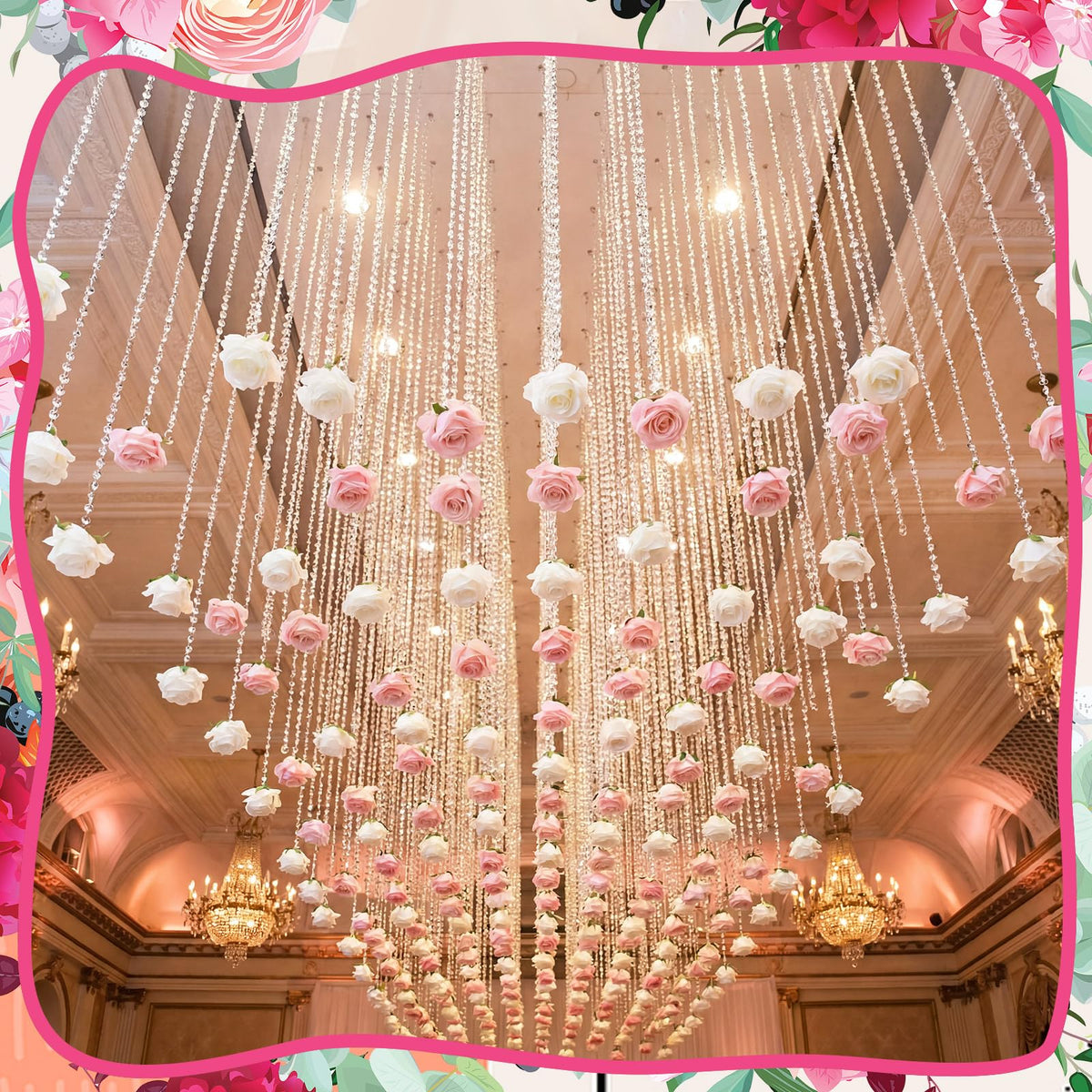 Norme rose crystal garland hanging on wall for elegant room decor.