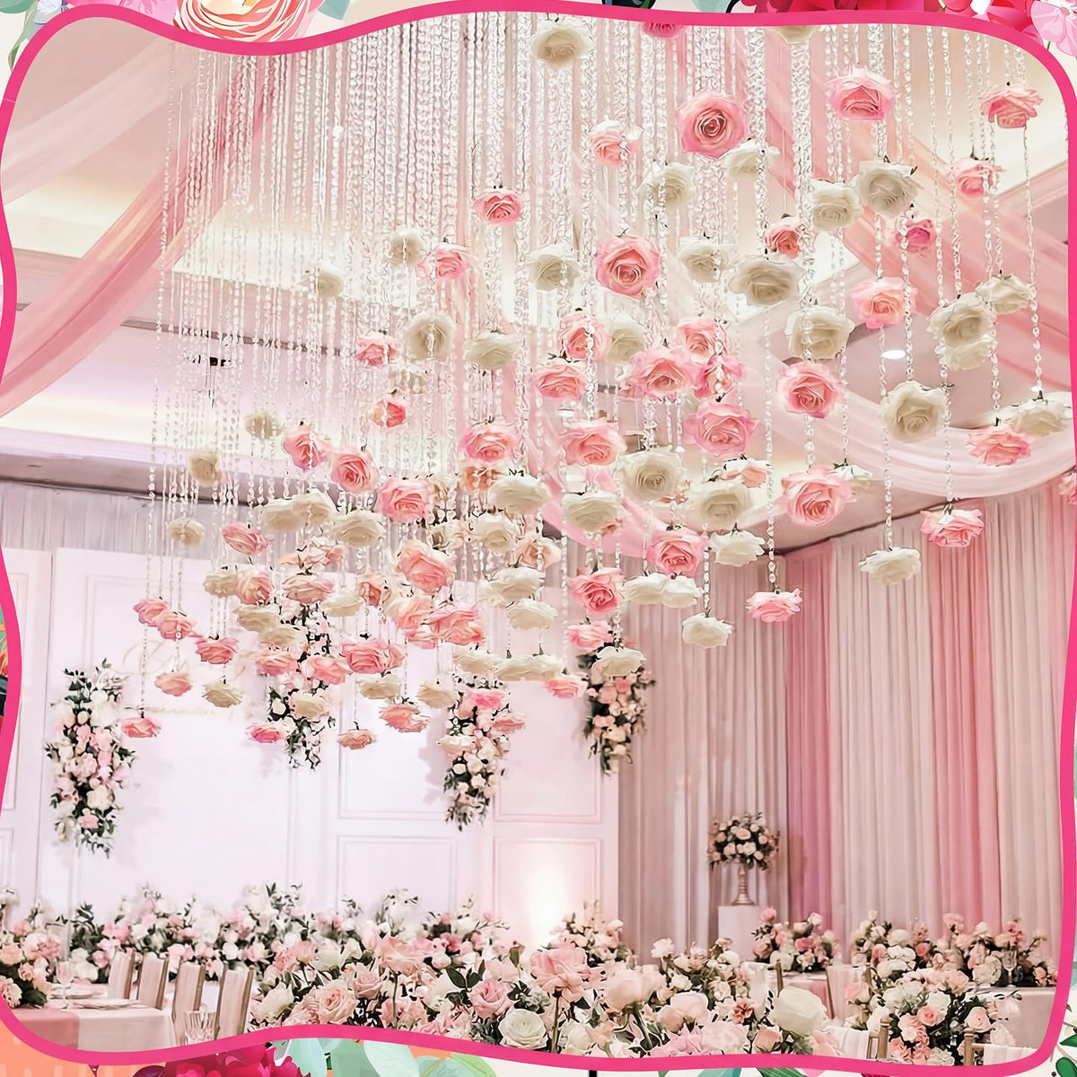 Norme rose garland in white roses creates a soft romantic glow.