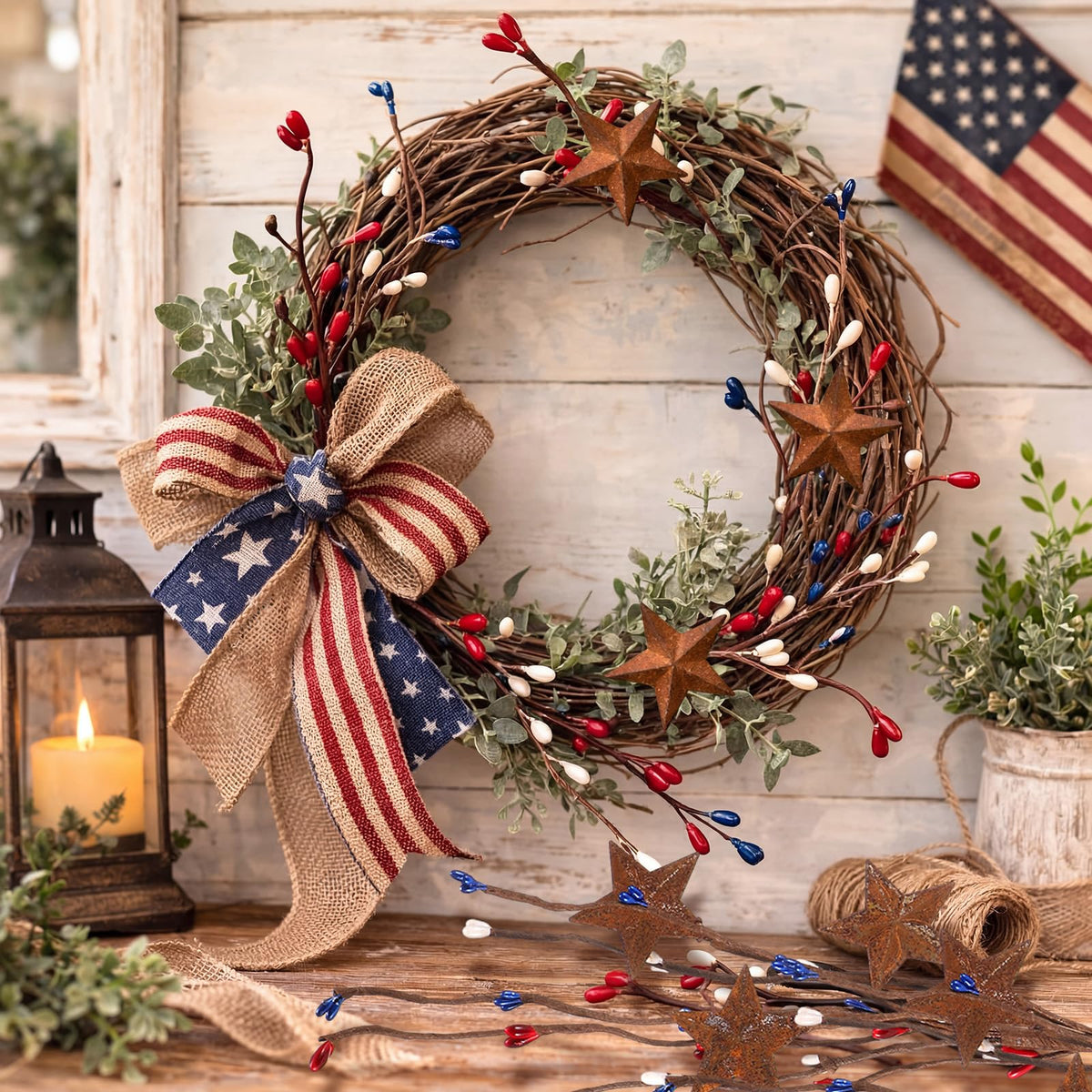 Norme vintage Americana branch with rusted stars for year-round decor