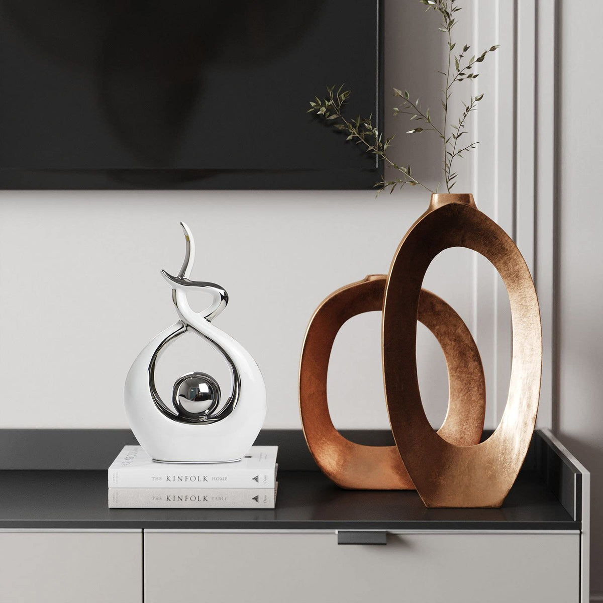 Norrclp abstract ceramic statue, large front view, bold two-tone accent for offices.