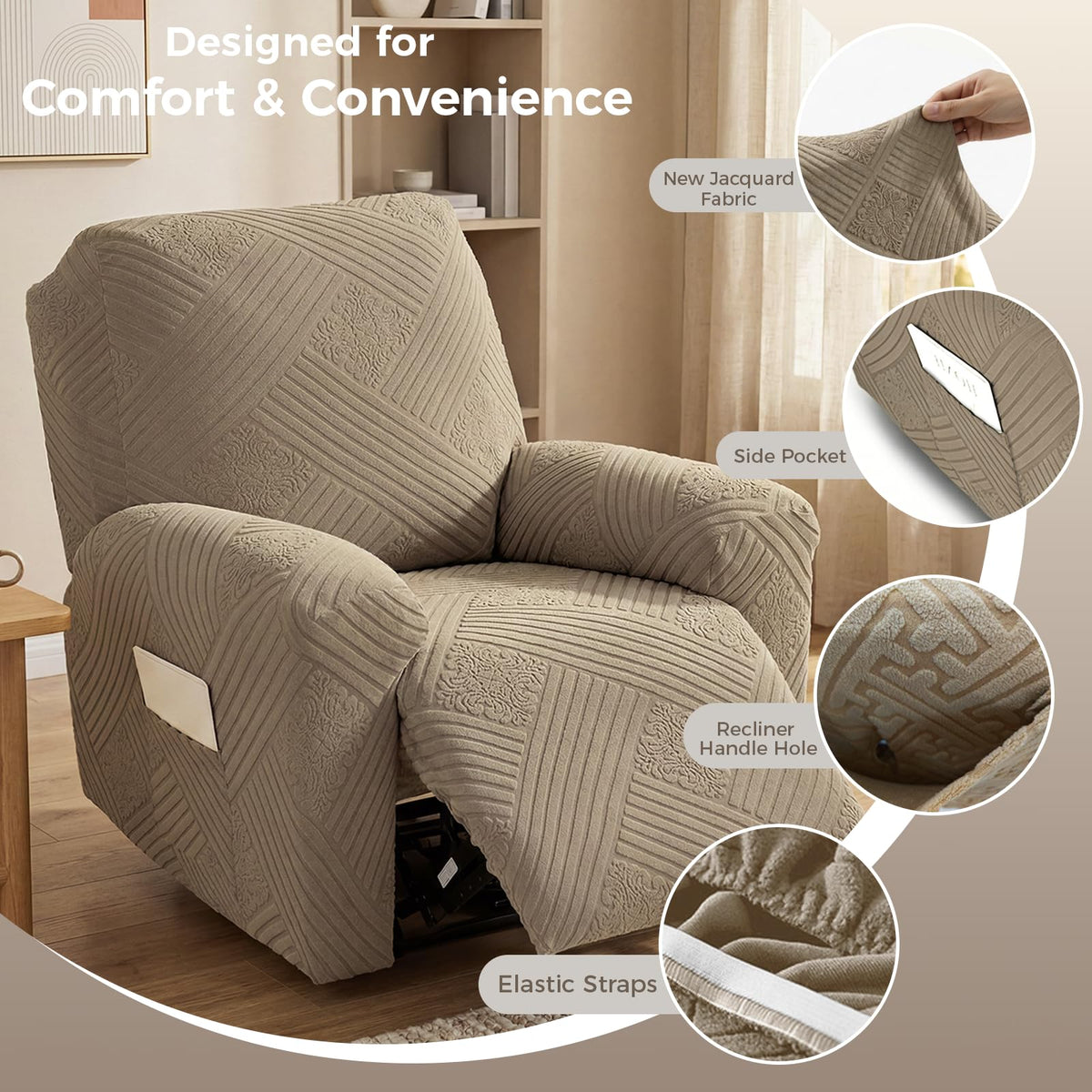 Northern Brothers recliner cover with elastic straps secures in place during activities.