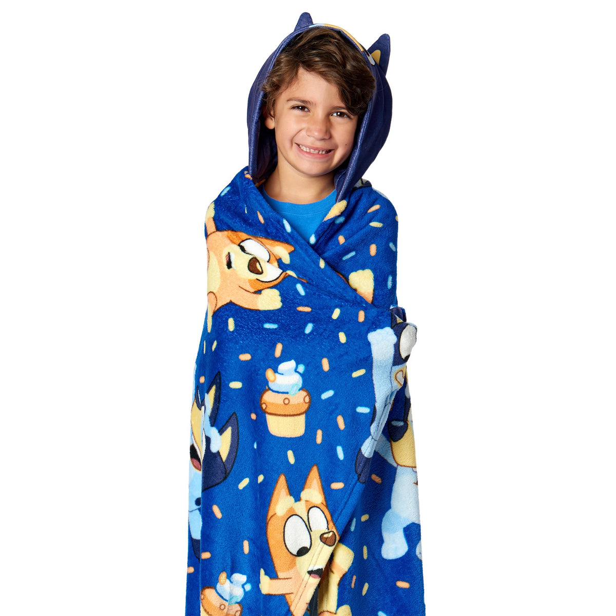 Northwest Bluey hooded throw - front view with vibrant design for cozy movie nights