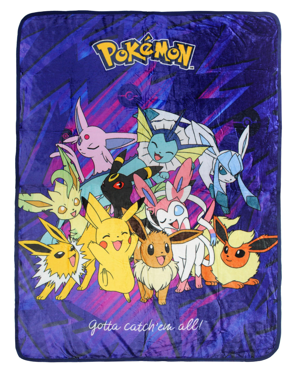Northwest Pokemon Eevee Evolutions throw blanket group pose for couch cuddling.