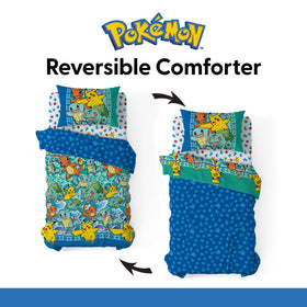Northwest Pokemon First Starters comforter closeup shows soft polyester feel