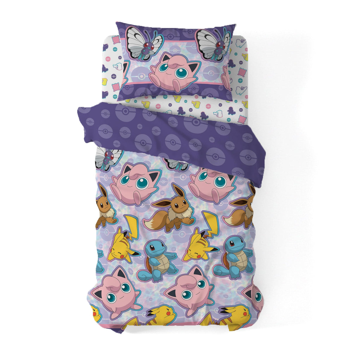 Close-up of the flat sheet with vibrant character art and Poké Ball accents.