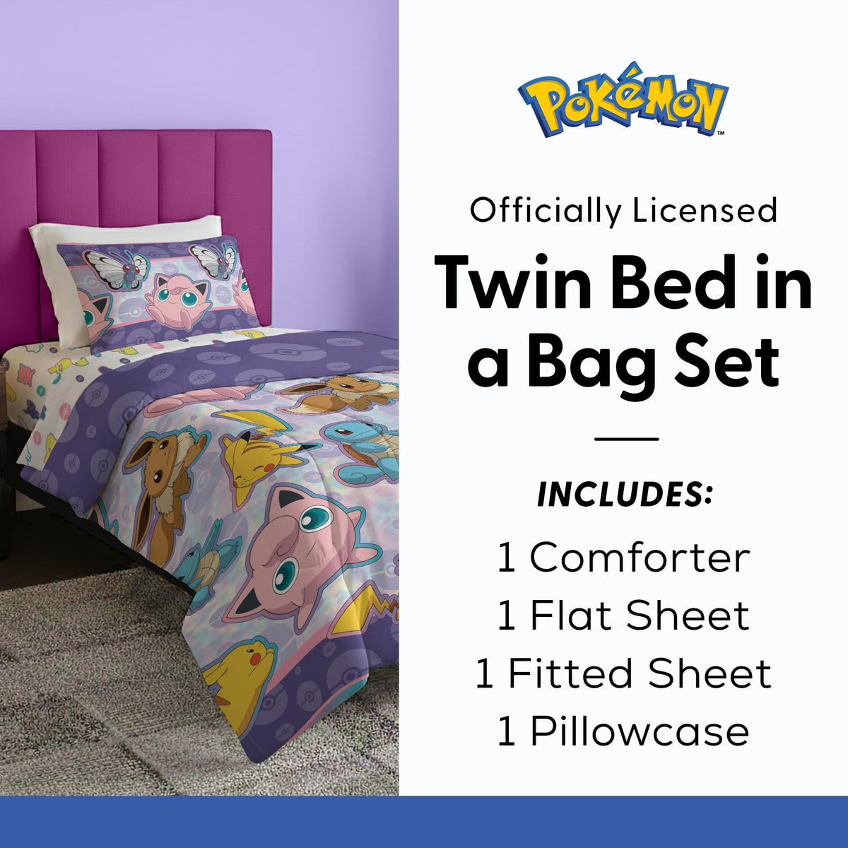 Pillowcase featuring Pikachu and Eevee against a bright bedding backdrop.