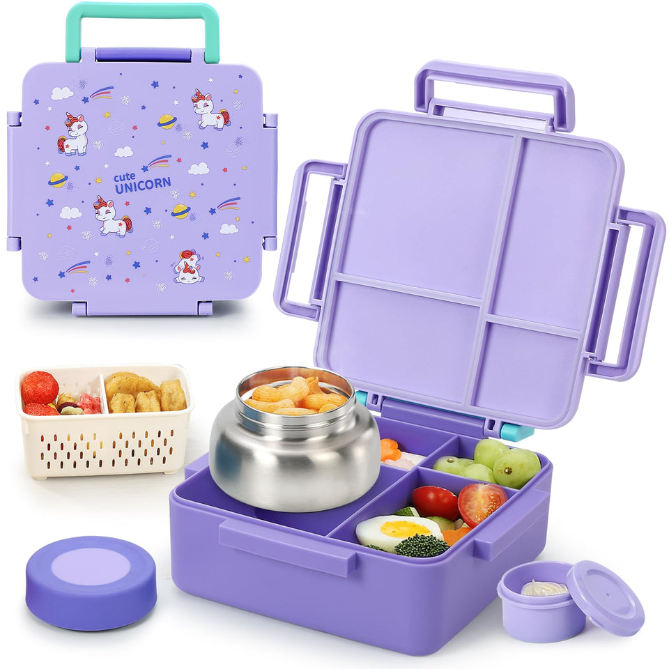 Norxely Bento Box for Kids with Thermos shown in purple with insulated jar