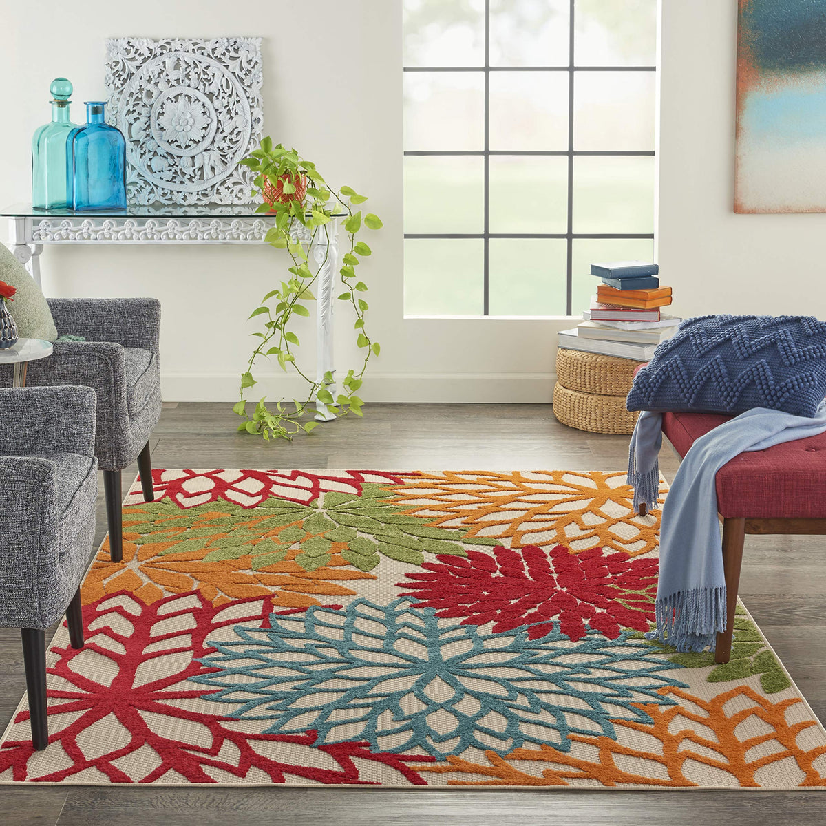 Nourison Aloha green textured high-low weave emphasizes comfort and durability.