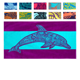 Nova Blue Dolphin Design beach towel with tropical colors, ideal for sunny days.