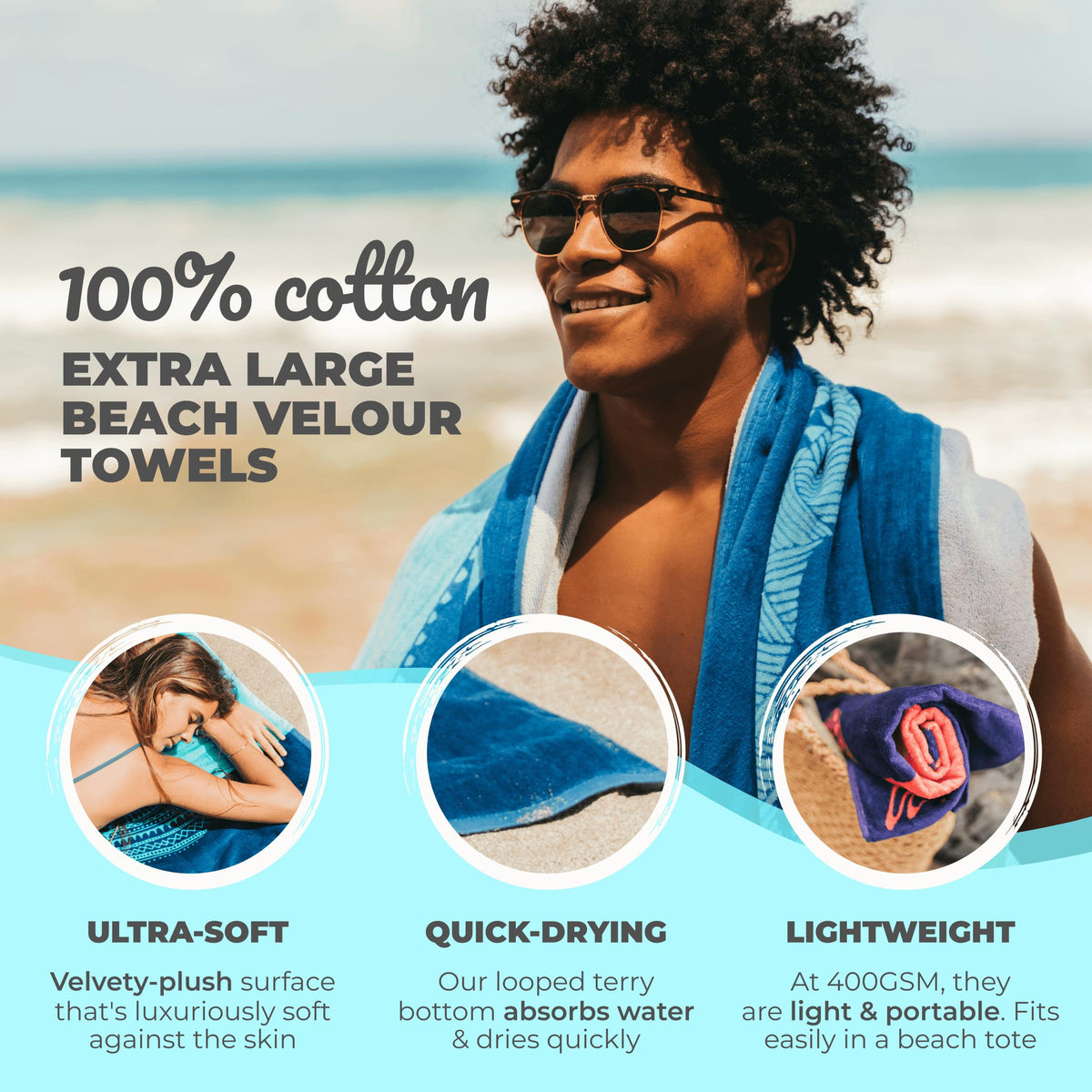 Nova Blue Extra-Large Beach Towel with tropical design, ideal for family days.