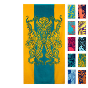 Nova Blue octopus on sunset orange-teal stripes beach towel for sun and sand.