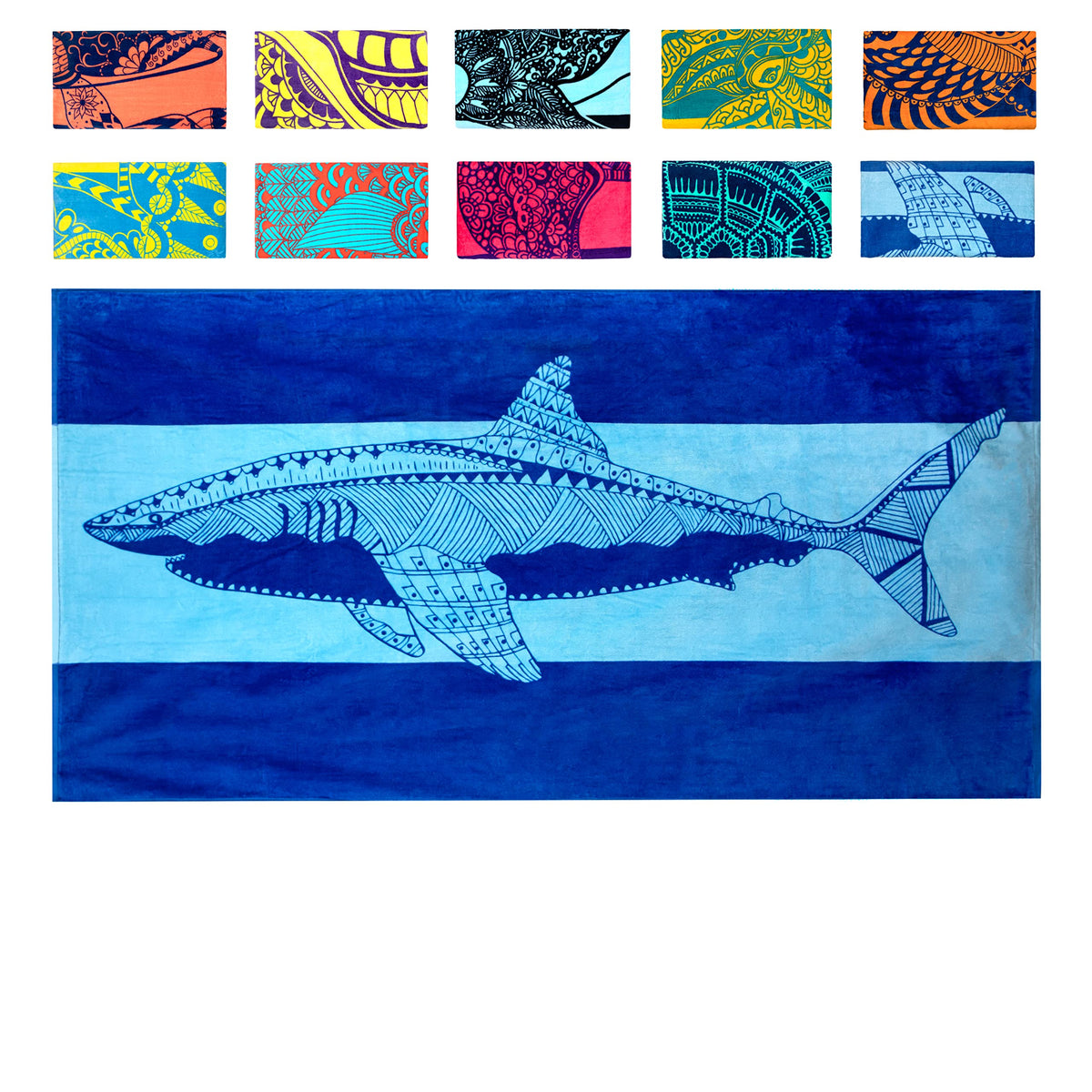 Nova Blue Shark Beach Towel with navy stripes, ideal for sunbathing.
