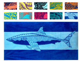 Nova Blue Shark Beach Towel with navy stripes, ideal for sunbathing.