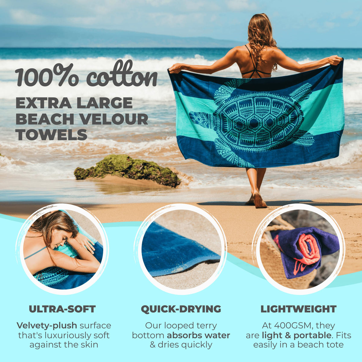 Nova Blue Turtle Beach Towel full graphic design for poolside lounging