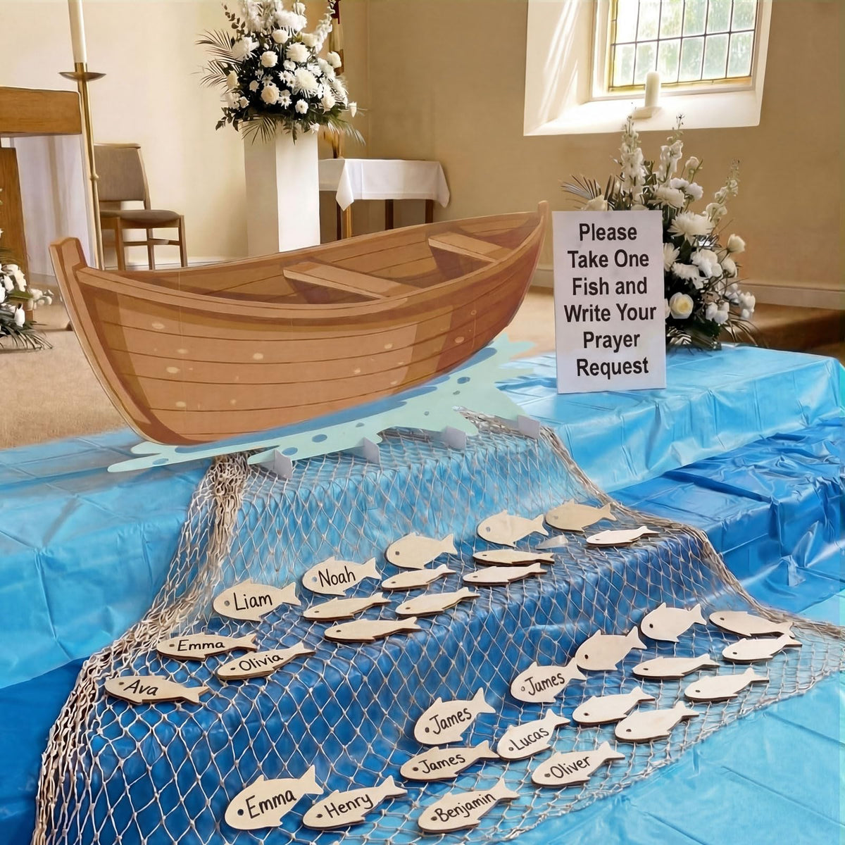 Novabright blue tablecloth creates vibrant Sunday school backdrop