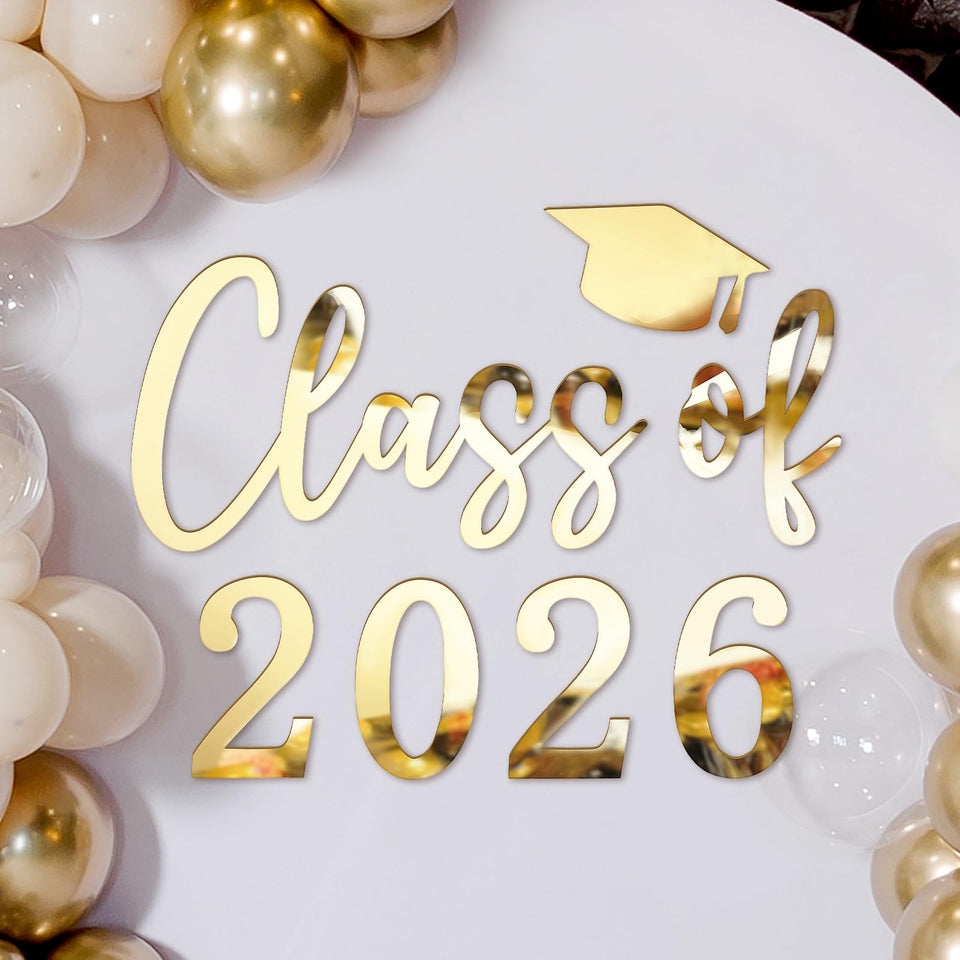 Novabright Class of 2026 gold acrylic mirror backdrop for stunning graduate photos.