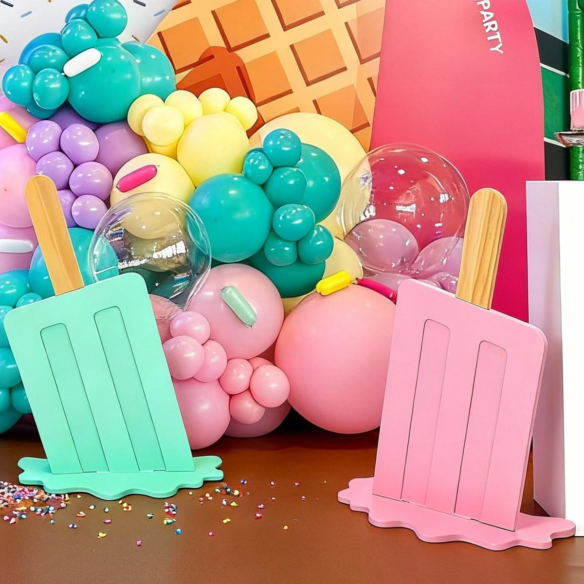 Novabright wooden ice cream decor base provides sturdy, reusable display