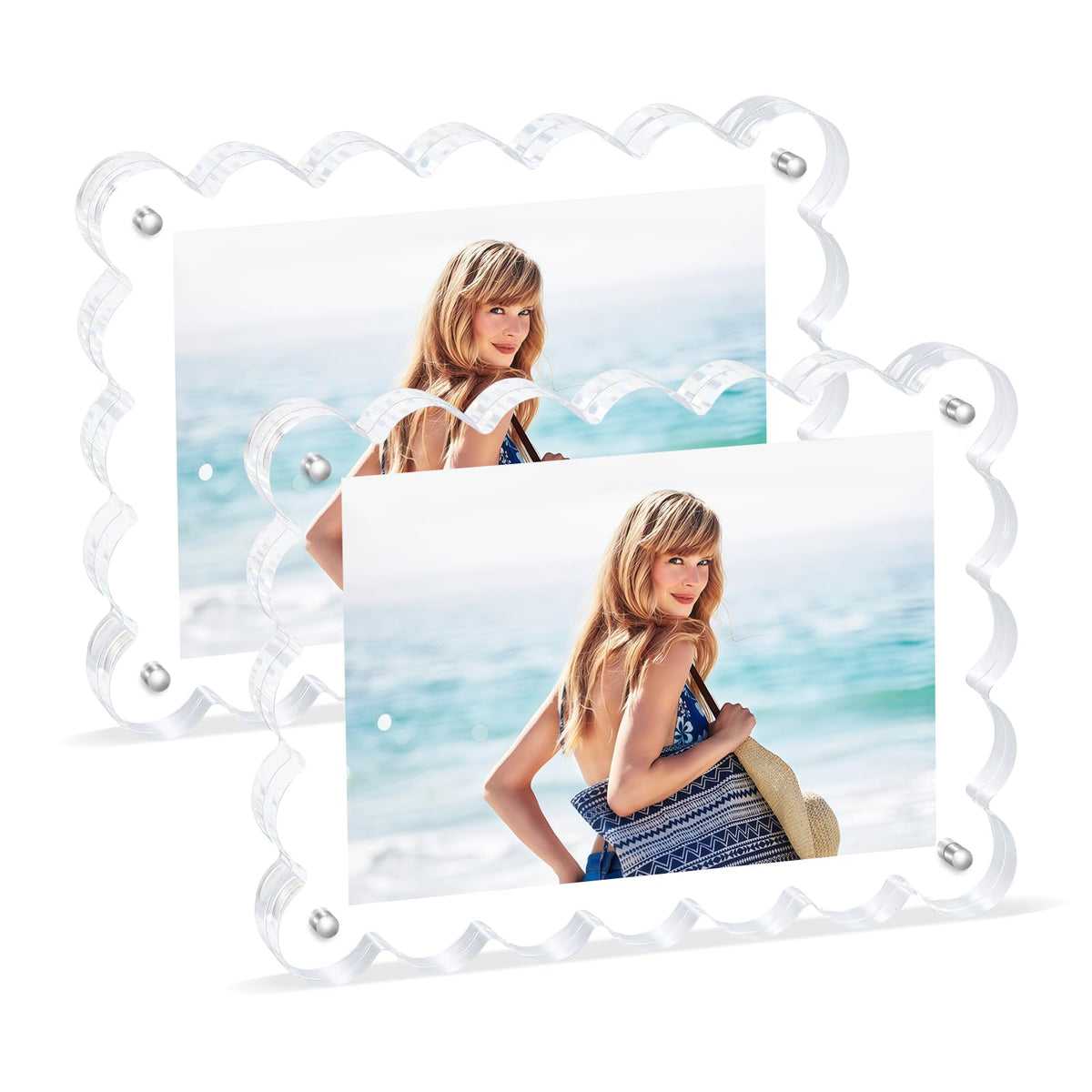 Novacrylion scalloped frame 2-pack on office desk with memories.
