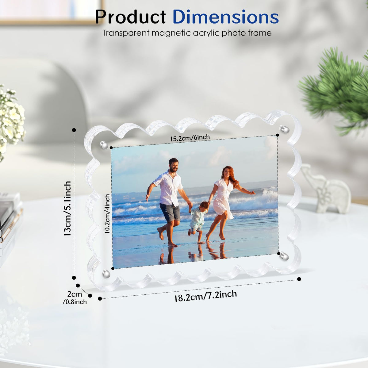 Novacrylion scalloped frame desk display supports horizontal layout for desktop photos.