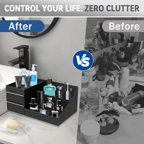 Novalunae bathroom countertop storage keeps counter clutter-free with compartments.