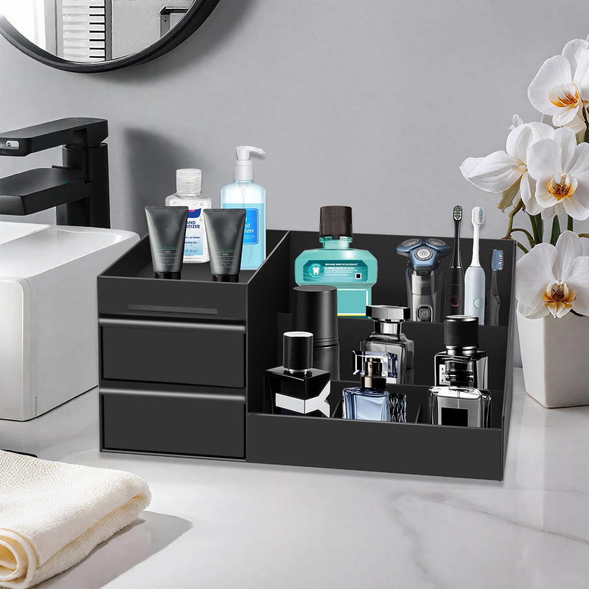 Novalunae organizer at sink provides easy access to lotions.