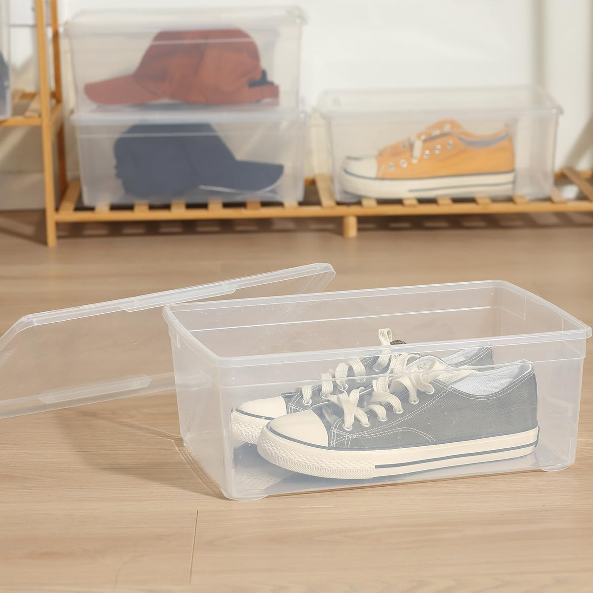 novelinks transparent storage bin for closet organization offers quick visibility of contents.