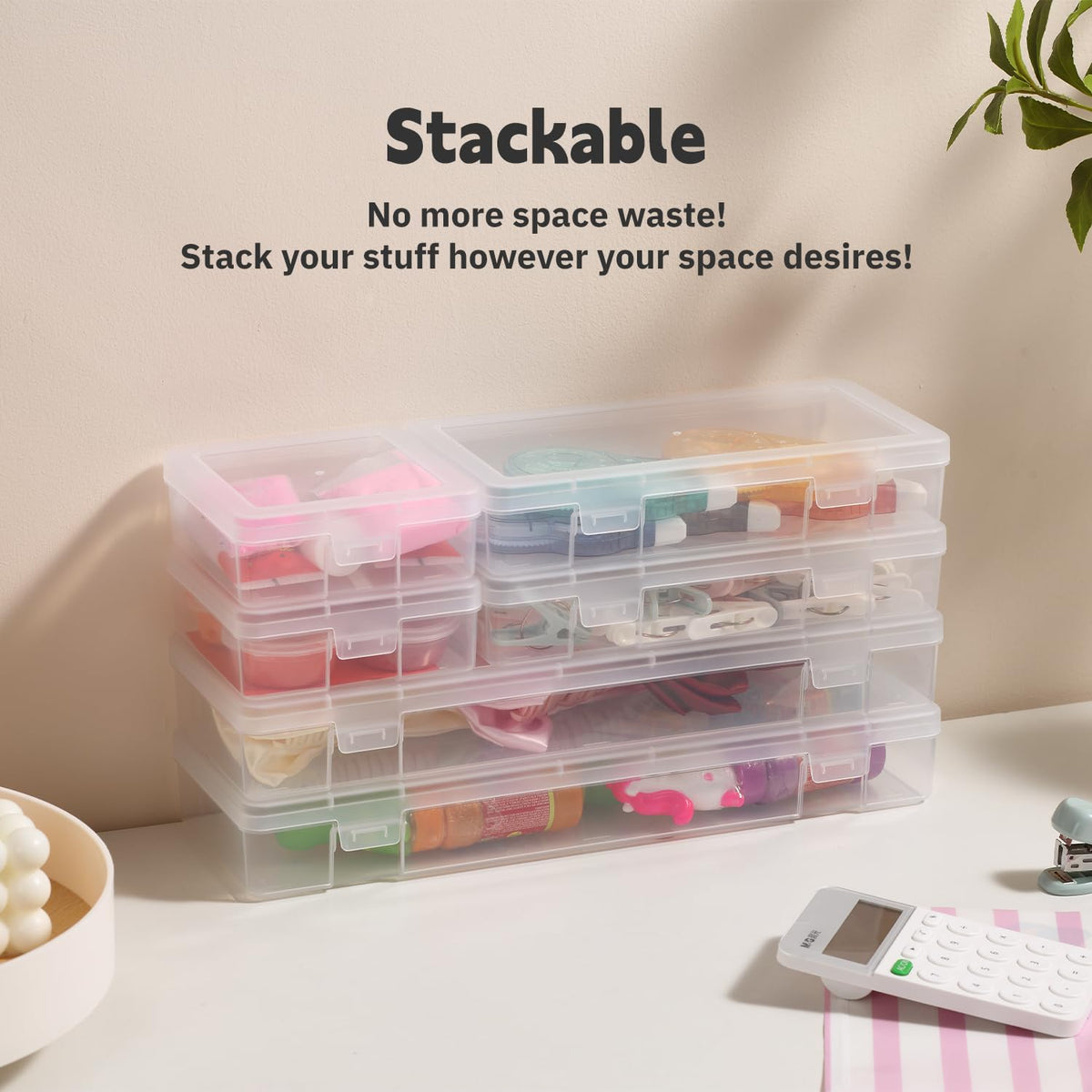 novelinks stackable bins with lids maximize desk and shelf space.