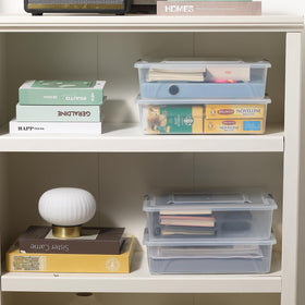 Novelinks stackable storage bin front view saves shelf space.