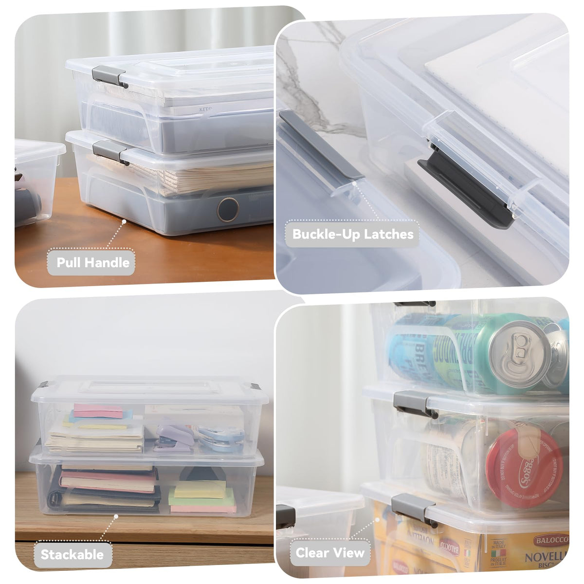Novelinks transparent plastic bin close-up shows durable, scratch-resistant surface.