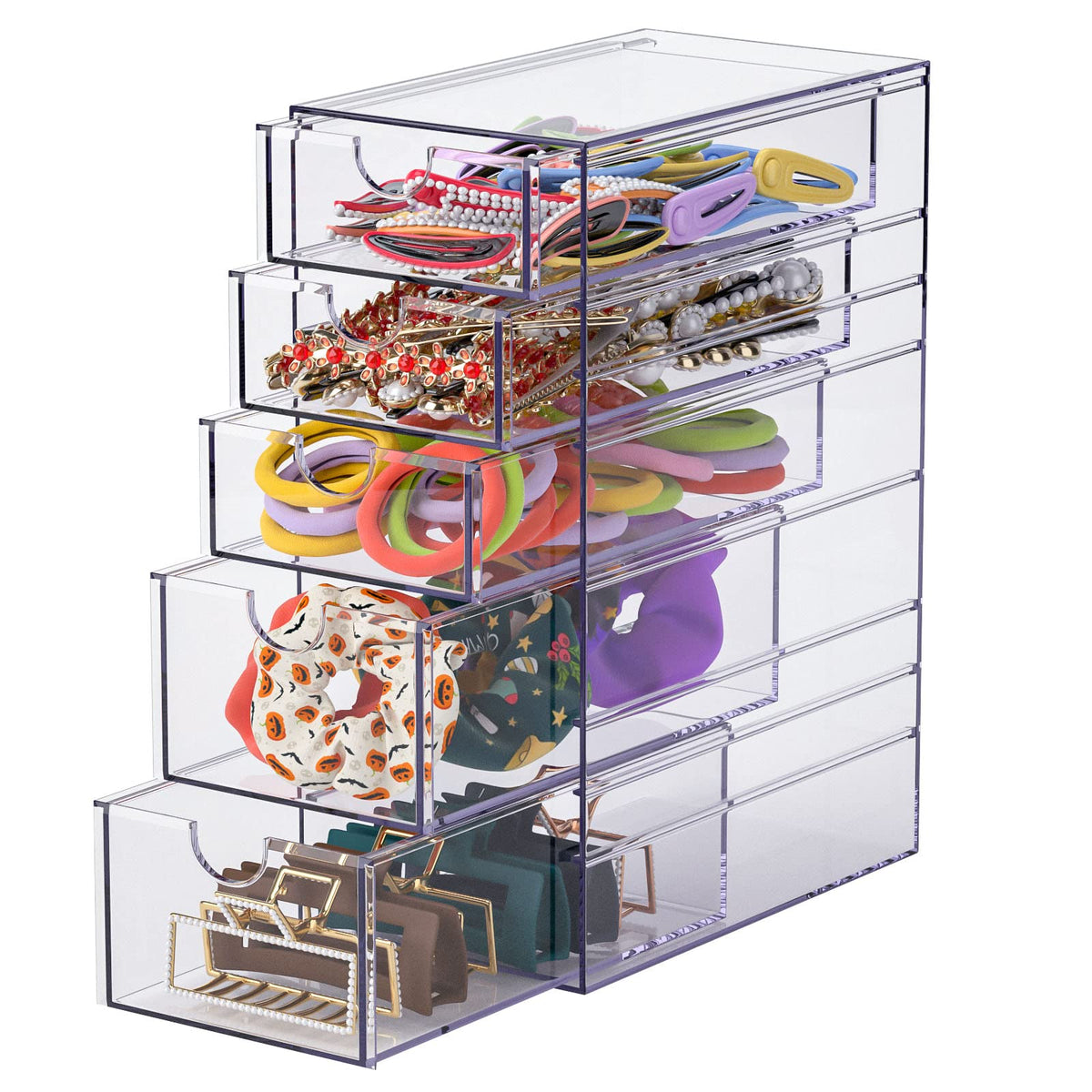 Noverlife clear containers hair accessory organizer with five drawers for easy access to hair ties and clips.