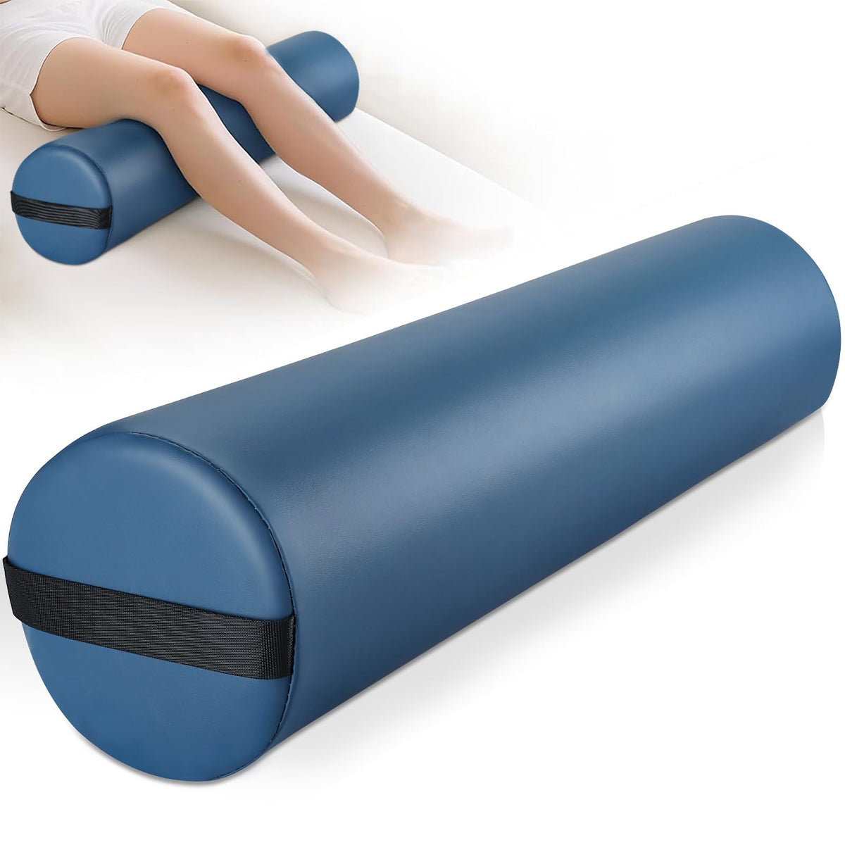 Noverlife blue full-round bolster on massage table providing compact support