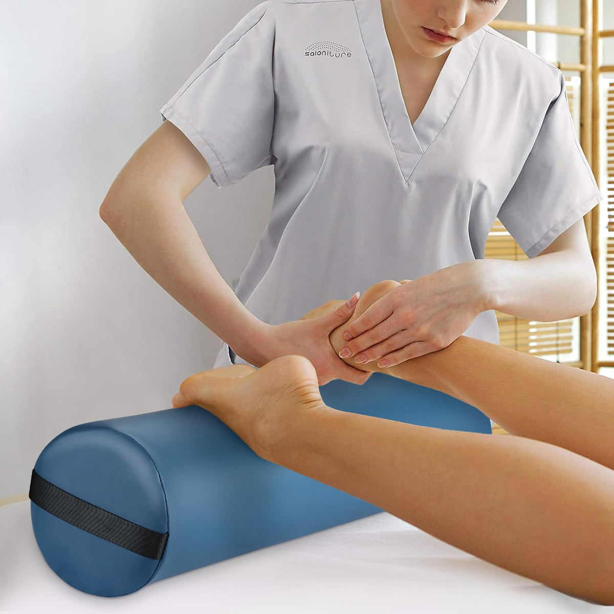 Noverlife blue bolster wipe-clean PU leather cover in use