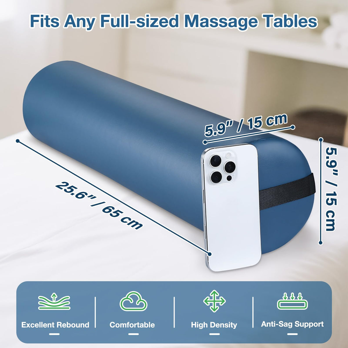 Noverlife blue bolster side view showing ergonomic round shape