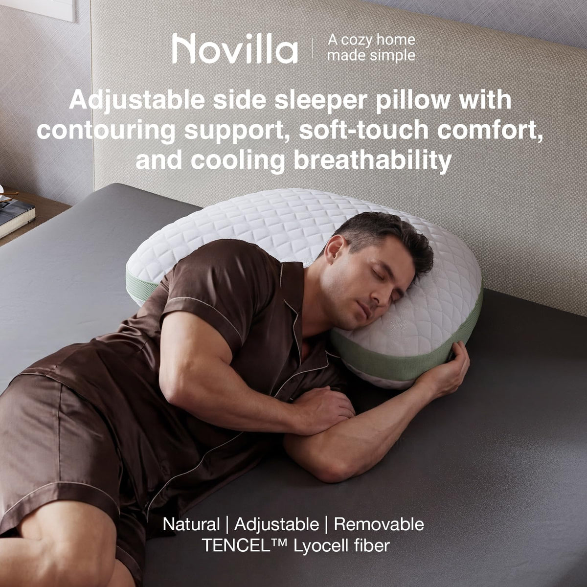 Novilla pillow with adjustable memory foam fill for personalized height.