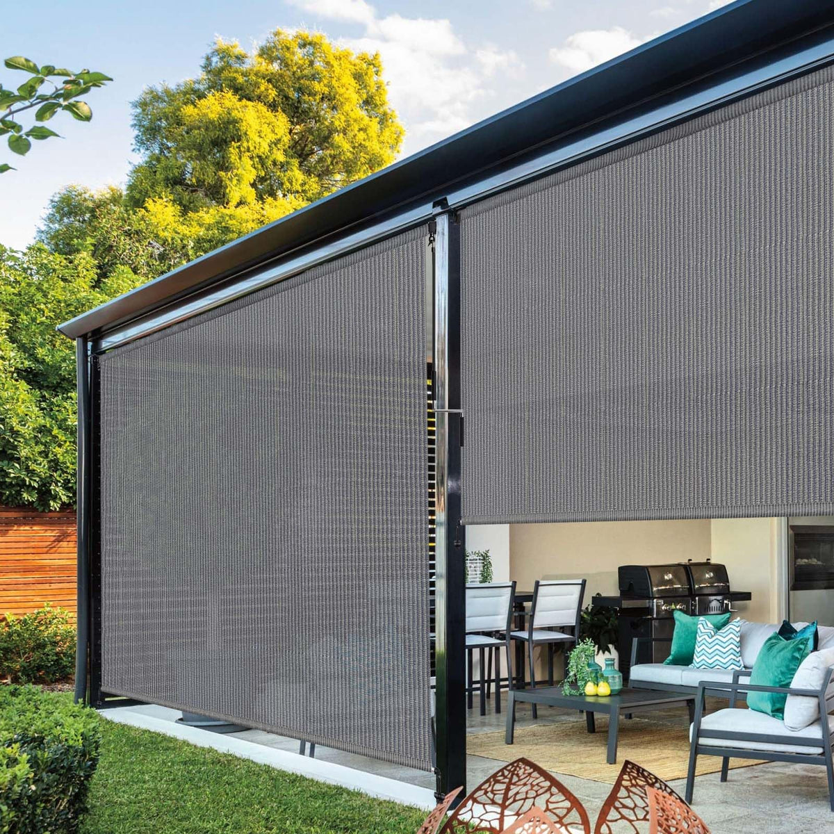 NOVINO outdoor living scene shows versatile shade for porch, gazebo, or patio