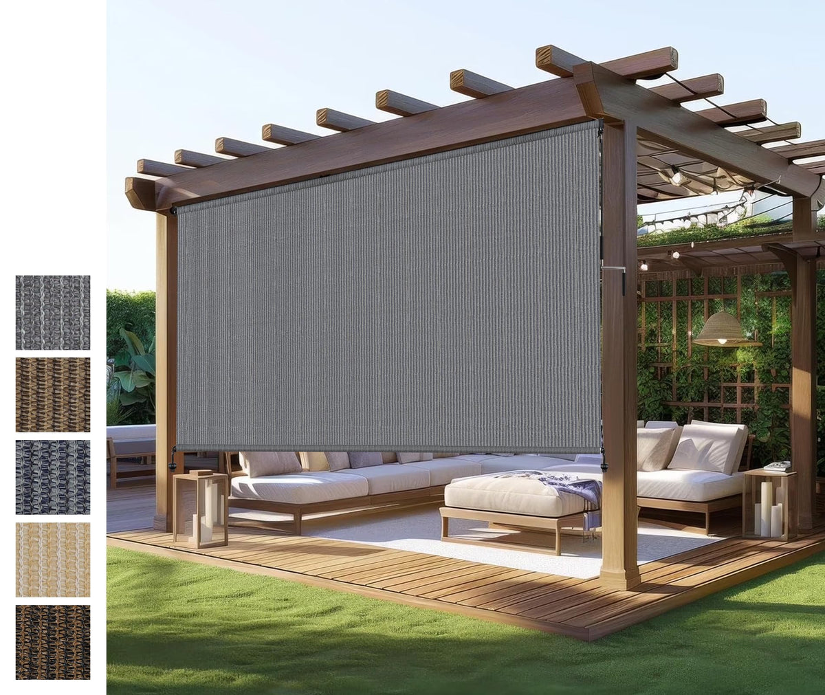 NOVINO outdoor roller shade sun-blocking in action for porch protection and cooling