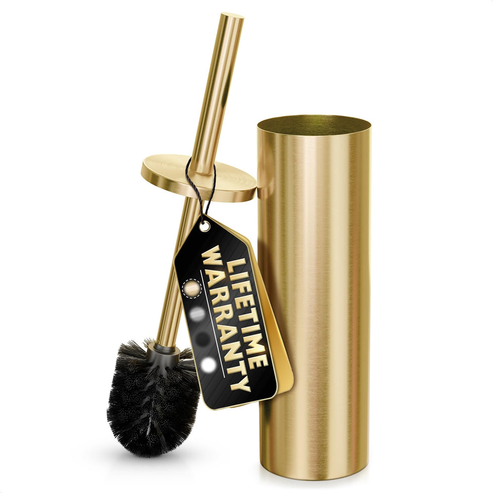 Novsix gold toilet brush and holder set on display for daily bathroom cleaning.