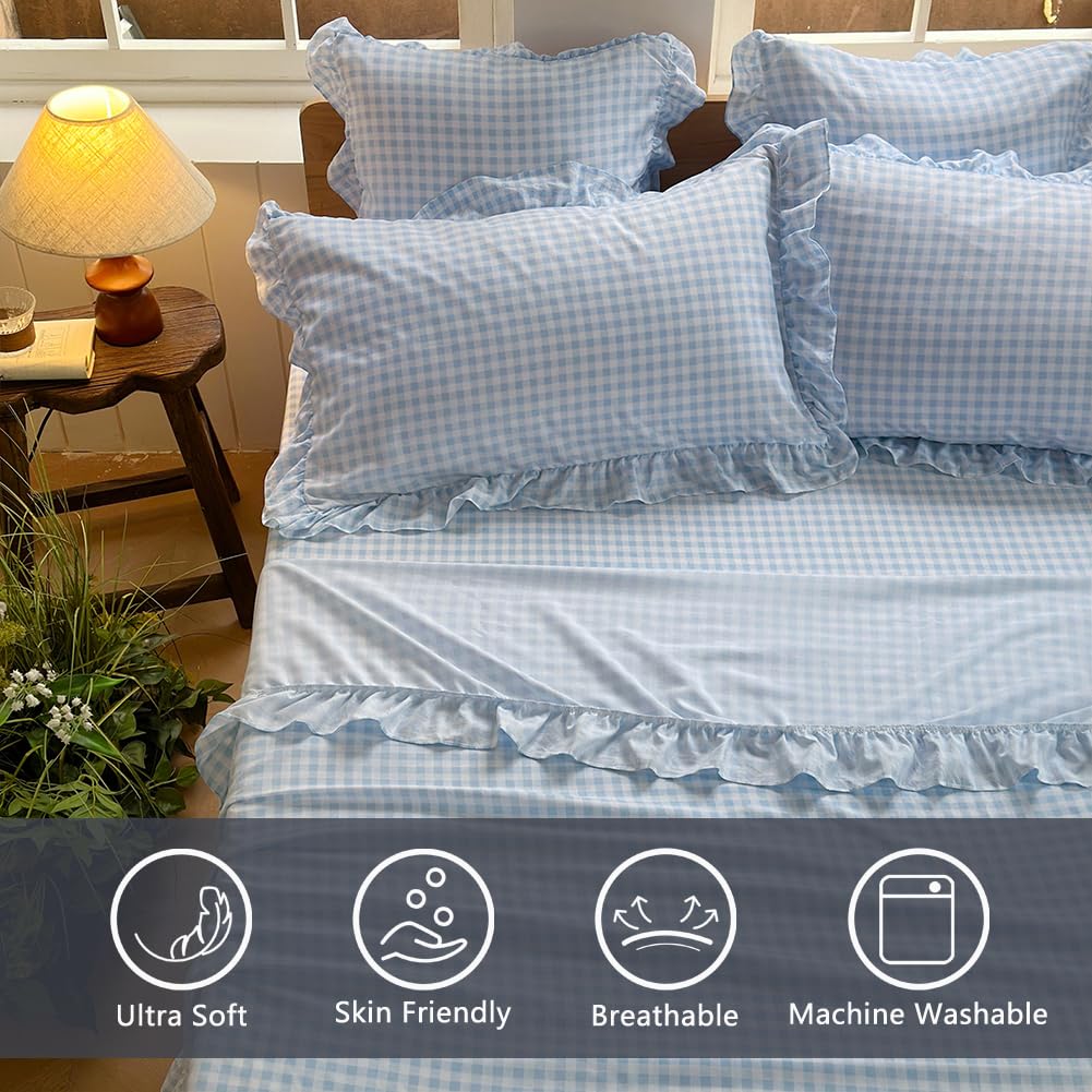 NSNLGSGC light blue gingham ruffle flat sheet closeup highlights delicate ruffle edge for an elegant touch.