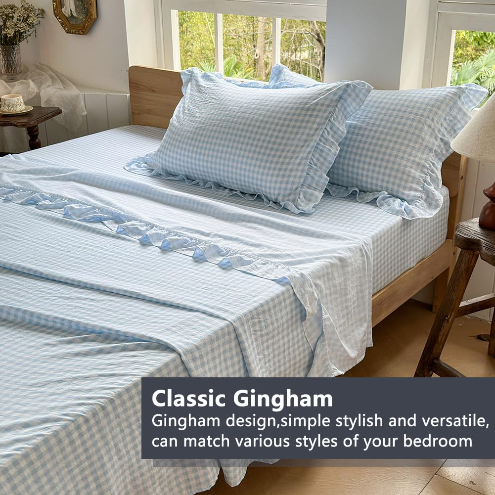 NSNLGSGC light blue gingham ruffle pillowcase closeup shows secure fit and softness.