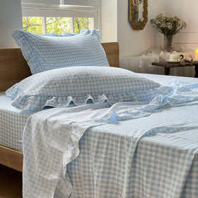 nsnlgsgc light blue gingham ruffle sheet set with deep pockets for secure fit.