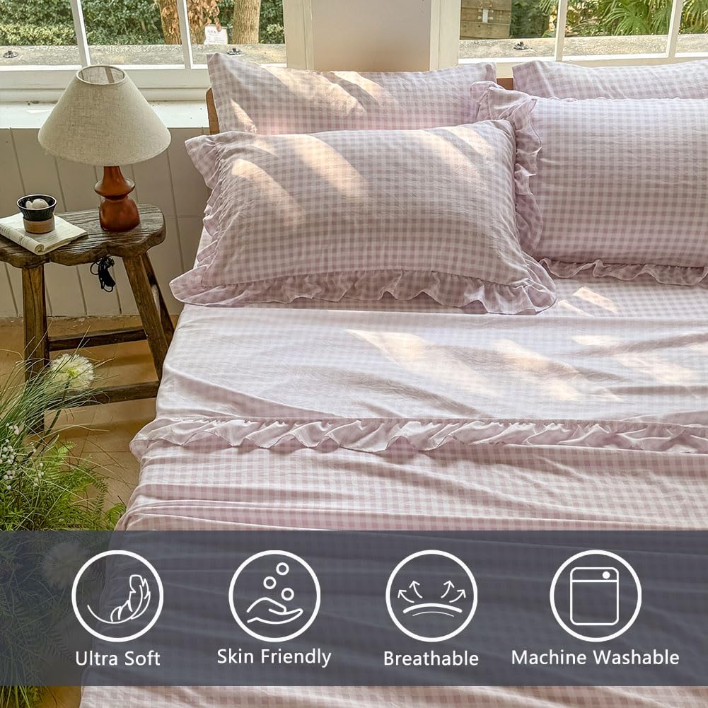 NSNLGSGC pink gingham ruffle flat sheet showing farmhouse style and comfort.