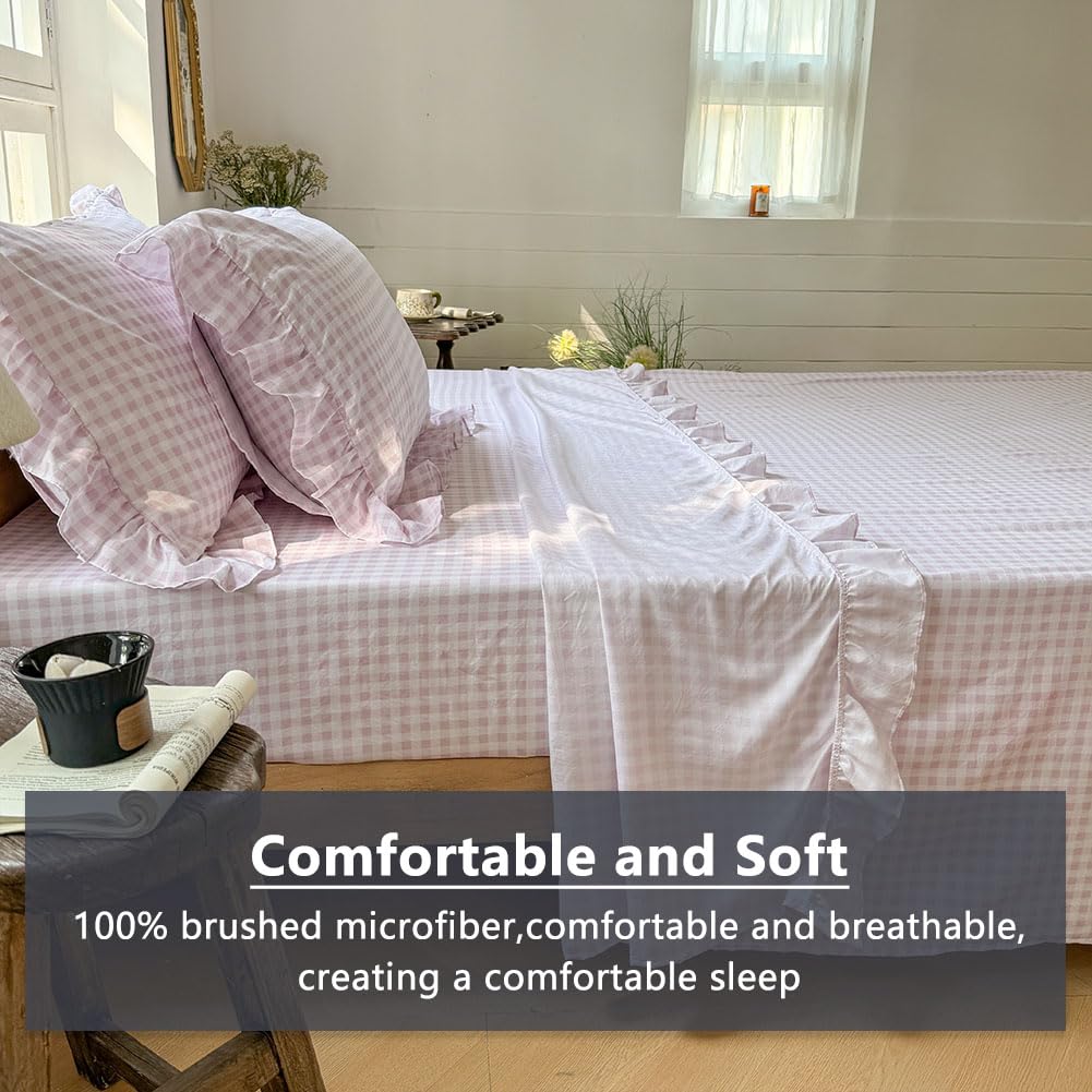NSNLGSGC pink gingham ruffle pillowcase pair highlights easy-care fabric.